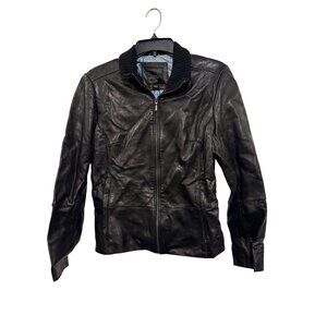 Apt. 9 Womens Lambskin Leather Jacket Black S Zip Up Ribbed Collar